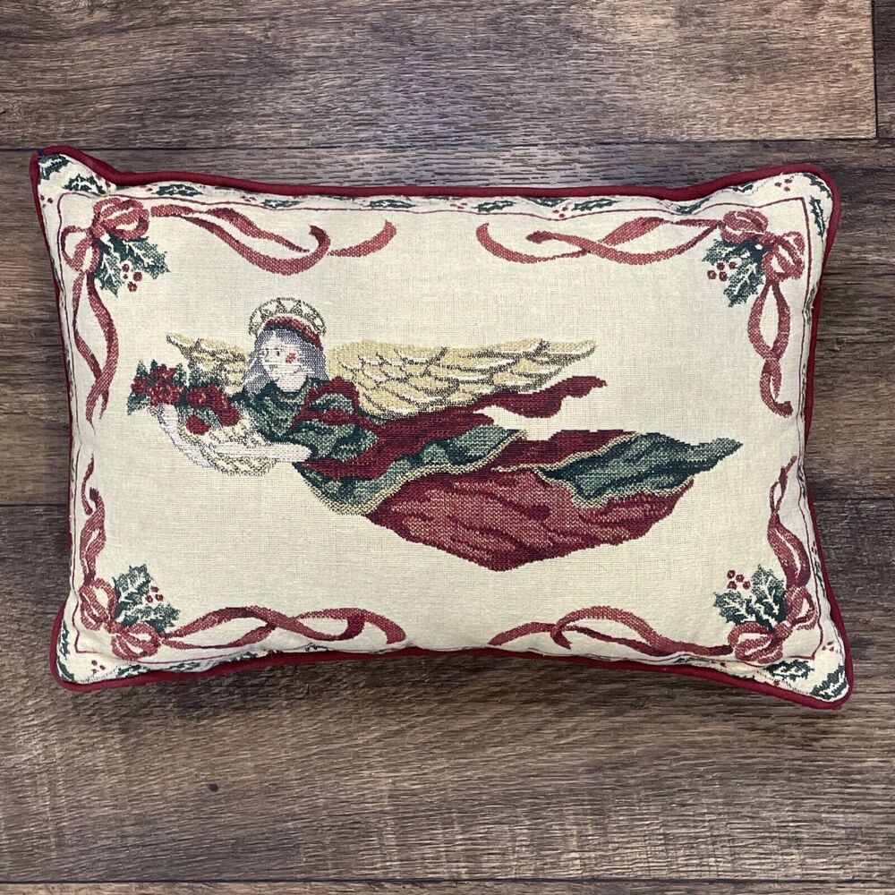 Holiday Angel Maroon Vintage Style Tapestry Pillow